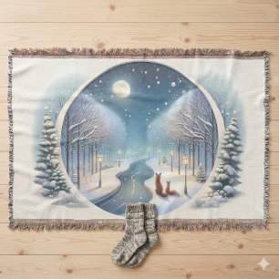 Winter Foxes by Moonlit Snowy River Throw Blanket