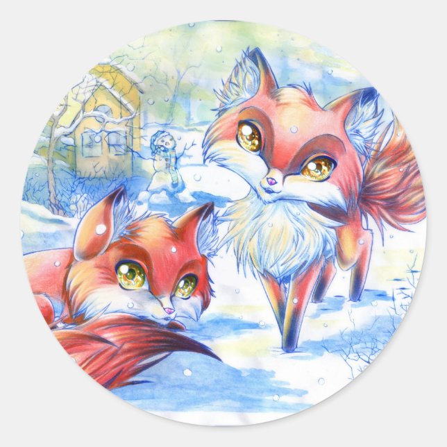 Winter Foxes Classic Round Sticker (Front)