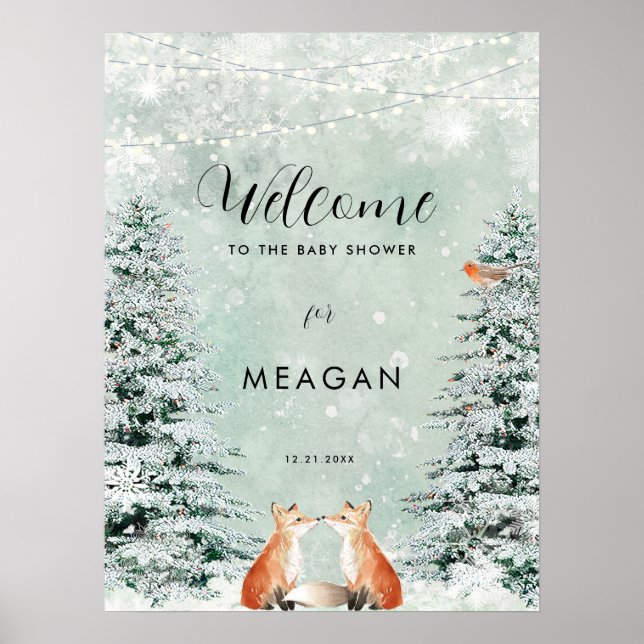 Winter foxes holiday baby shower welcome sign (Front)