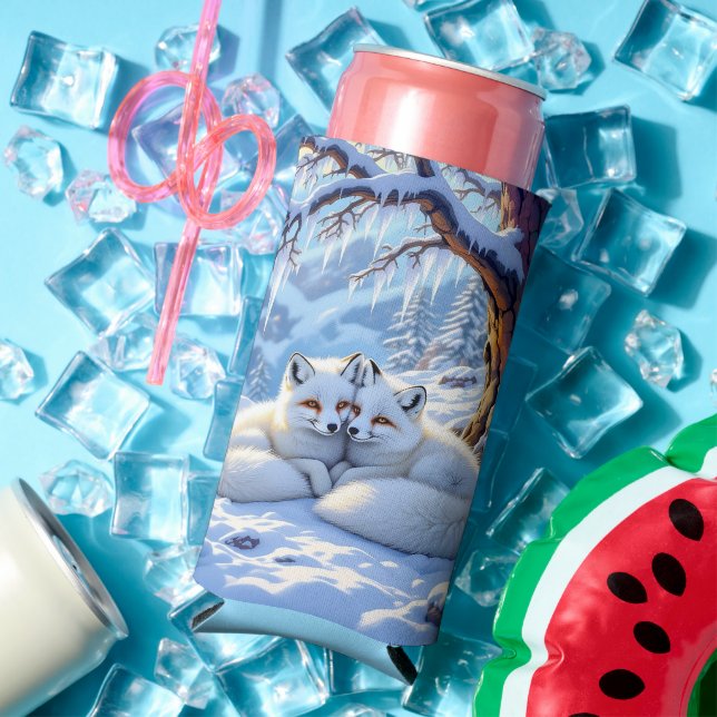 Winter Foxes on a Snowy Winter Day  Seltzer Can Cooler (In Situ Summer)