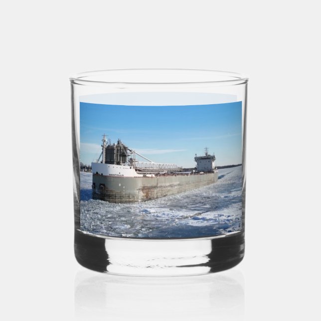 Winter Freighter Manitoulin Great Lakes Ship Whiskey Glass (Front)