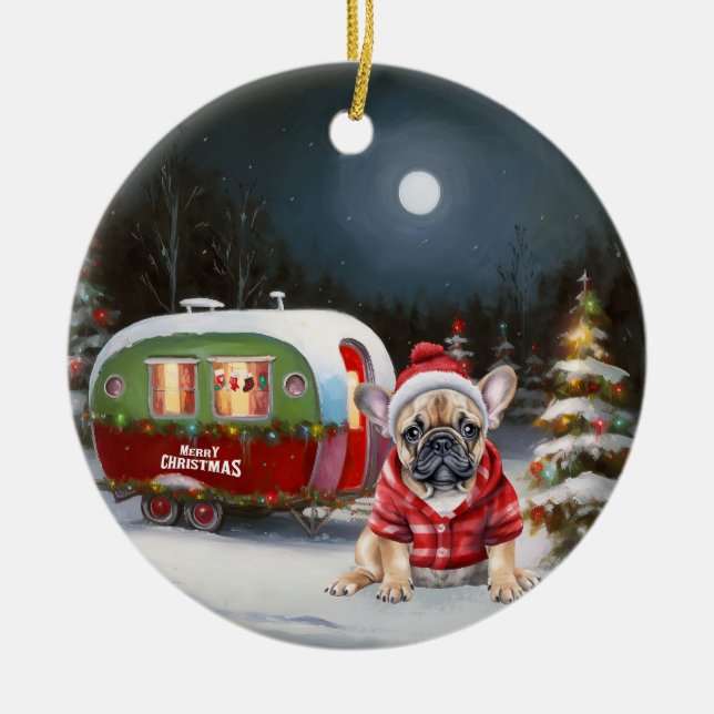 Winter French Bulldog Caravan Christmas Adventure  Ceramic Tree Decoration (Front)