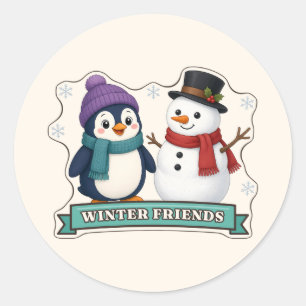 Winter Friends Penguin and Snowman Classic Round Sticker