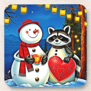Winter Friends: Snowman & Raccoon Joy Design Coaster