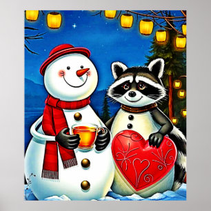 Winter Friends: Snowman & Raccoon Joy Design Poster