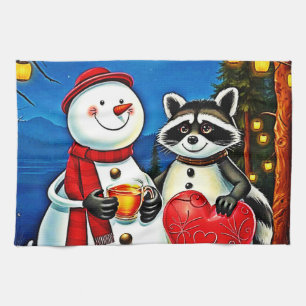 Winter Friends: Snowman & Raccoon Joy Design Tea Towel