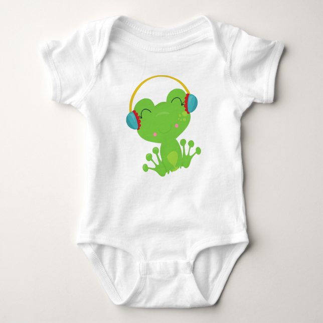 Winter Frog, Cute Frog, Green Frog, Ear Muffs Baby Bodysuit (Front)