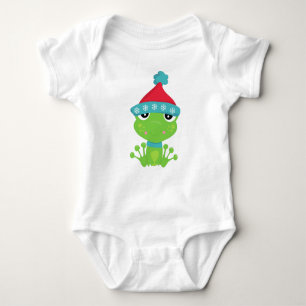 Winter Frog, Cute Frog, Green Frog, Scarf, Hat Baby Bodysuit