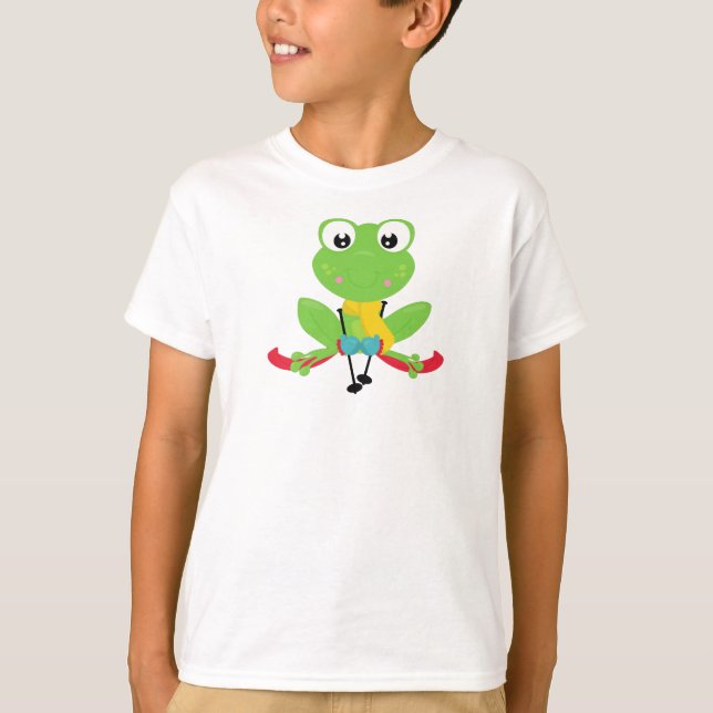 Winter Frog, Cute Frog, Green Frog, Skis, Skiing T-Shirt (Front)