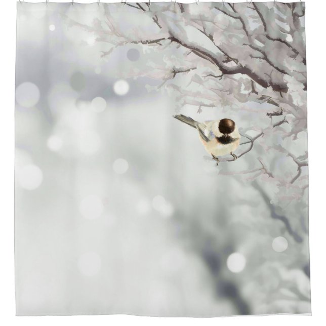Winter Frost Trees Chickadee Bird Cute Shower Curtain (Front)