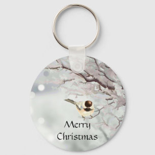 Winter Frosty Tree Chickadee Bird Custom Name Key Ring