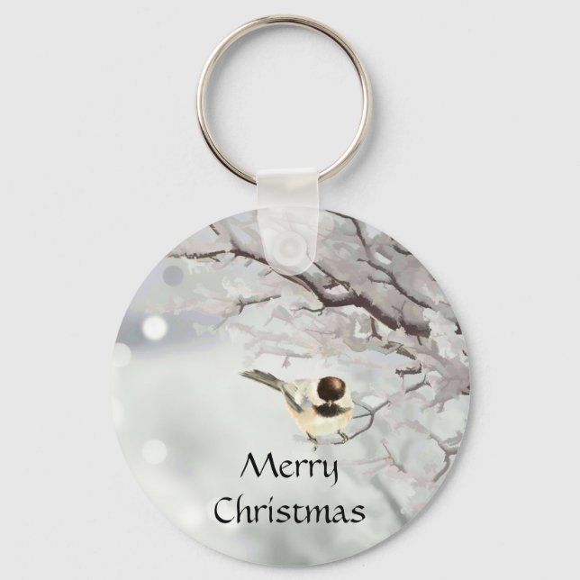 Winter Frosty Tree Chickadee Bird Custom Name Key Ring (Front)