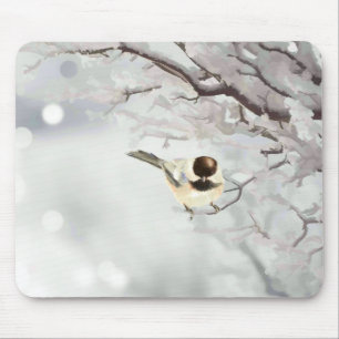 Winter Frosty Tree Chickadee Bird Custom Name Mouse Pad