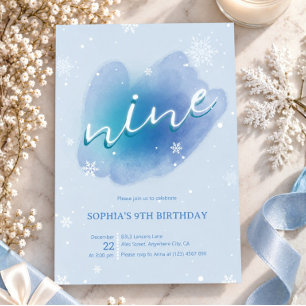 Winter Frozen Blue Watercolor Snow 9th Birthday Invitation