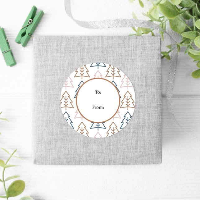 Winter Fun Boho Trees Blue Gold Christmas Classic Round Sticker (Creator Uploaded)