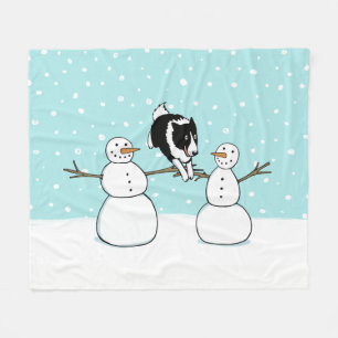 Winter Fun Border Collie Dog with Snowmen Holiday Fleece Blanket