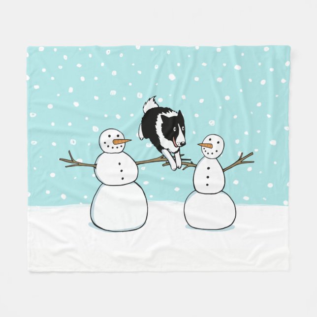 Winter Fun Border Collie Dog with Snowmen Holiday Fleece Blanket (Front (Horizontal))