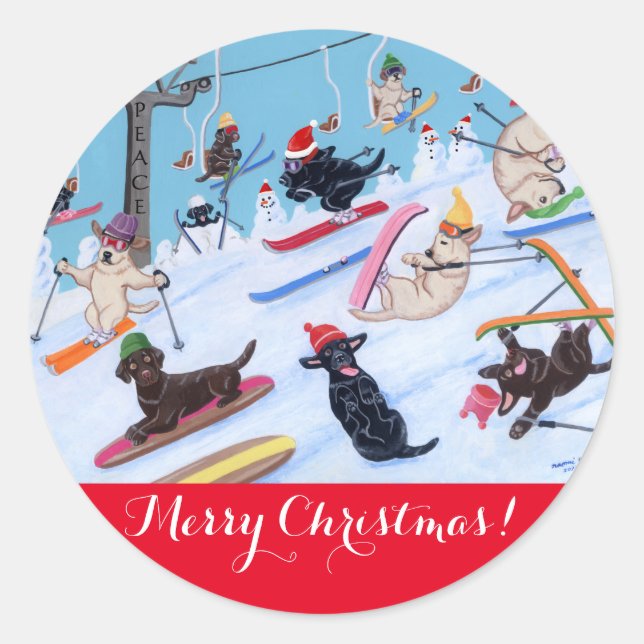 Winter Fun Christmas Skiing Labradors Painting Classic Round Sticker (Front)