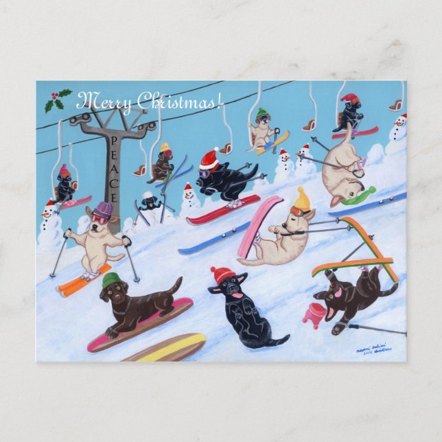 Winter Fun Christmas Skiing Labradors Painting Holiday Postcard (Front)