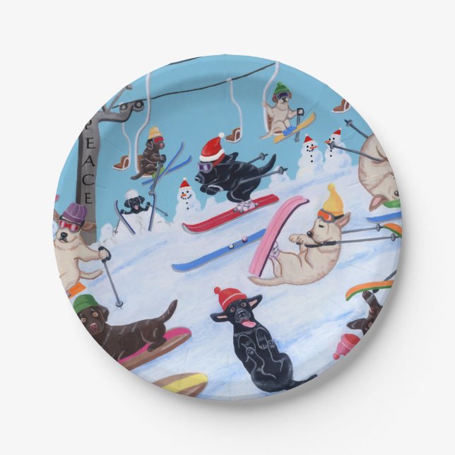 Winter Fun Christmas Skiing Labradors Paper Plate (Front)