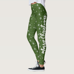 Winter Fun Green White Snowflakes Merry Christmas Leggings