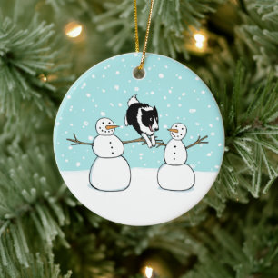 Winter Fun Holiday Border Collie Dog with Snowmen Ceramic Tree Decoration