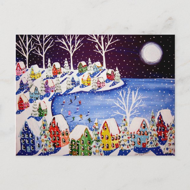 Winter Fun Ice Skaters Houses Post Card (Front)