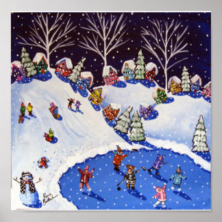 Winter Fun Ice Skaters Kids Sled Folk Art Poster