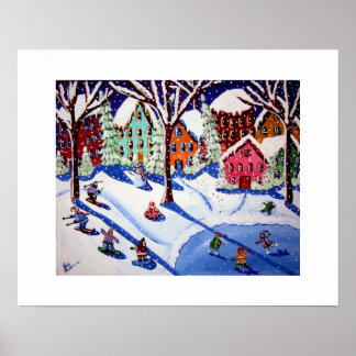Winter Fun Kids Folk Art Sled Snowboard Ice Skate Poster