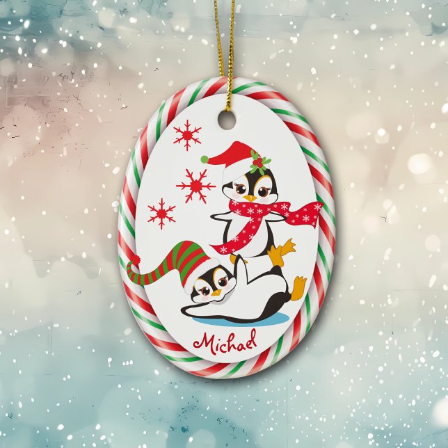 Winter Fun Penguins Candy Cane Frame Ceramic Tree Decoration (Creator Uploaded)