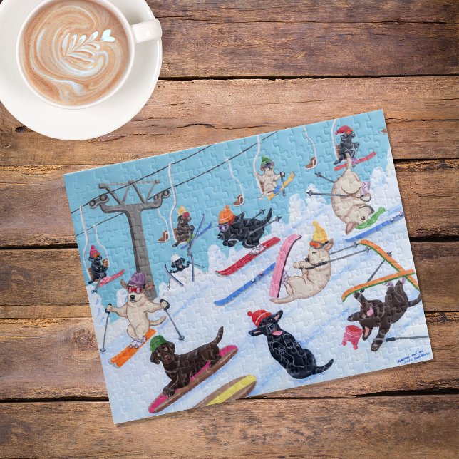 Winter Fun Skiing Labradors Jigsaw Puzzle (Winter Fun Skiing Labradors Jigsaw Puzzle featuring Labradors in action at the winter resort.)