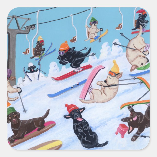 Winter Fun Skiing Labradors Painting Square Sticker (Front)