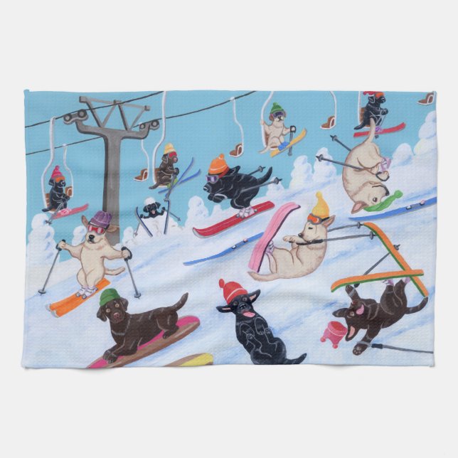 Winter Fun Skiing Labradors Tea Towel (Horizontal)