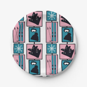 Winter fun. Skis and accessories on a snowy day. Paper Plate