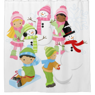 Winter Fun Snowmen Sledding Kids Shower Curtain