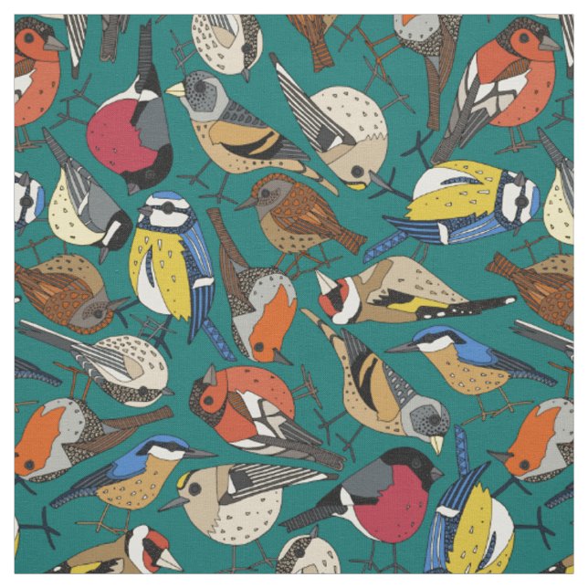 winter garden birds viridian fabric (Swatch)
