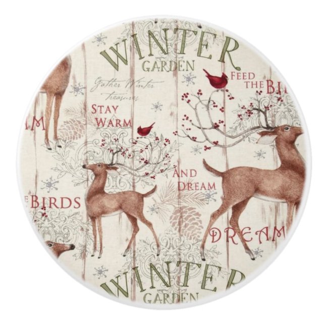 Winter Garden Holiday Reindeer Design Ceramic Knob (Front)