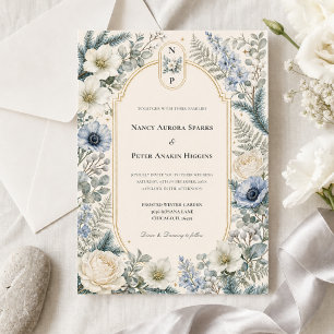 Winter Garden Wedding Blue Ivory Floral Monogram Invitation