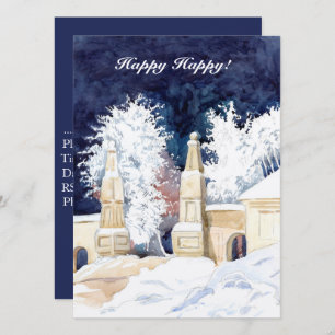 Winter gate at night watercolor invitation
