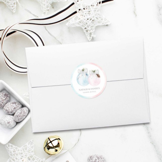 Winter Gender Reveal Baby Shower Classic Round Sticker (Christmas Gender Reveal Round Sticker)