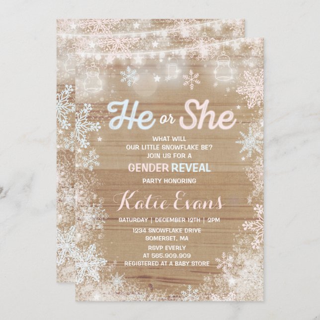Winter Gender Reveal Invitation Rustic Reveal (Front/Back)