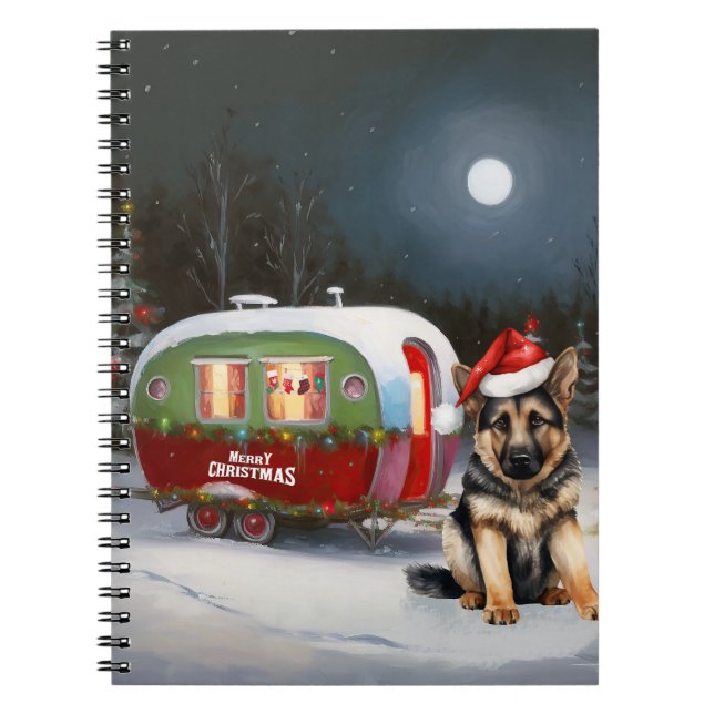 Winter German Shepherd Caravan Christmas Adventure Notebook (Front)