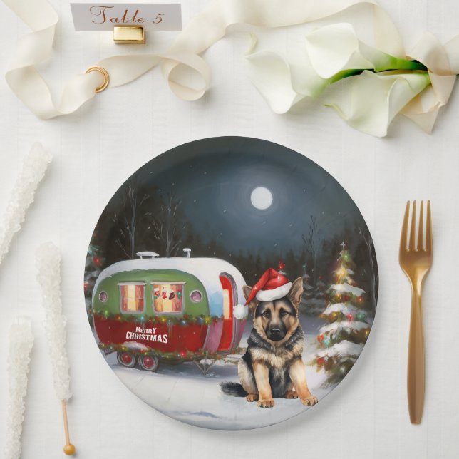Winter German Shepherd Caravan Christmas Adventure Paper Plate (Wedding)