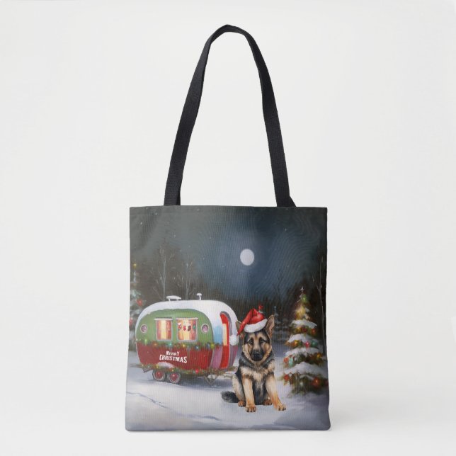 Winter German Shepherd Caravan Christmas Adventure Tote Bag (Front)