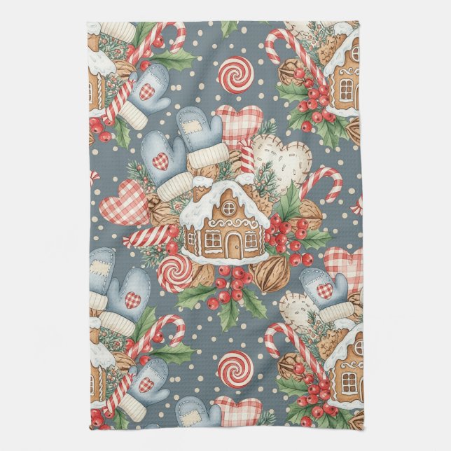 Winter Gingerbread Cottage - Mittens Tea Towel (Vertical)