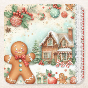 Winter Gingerbread Man House Ornaments Square Paper Coaster