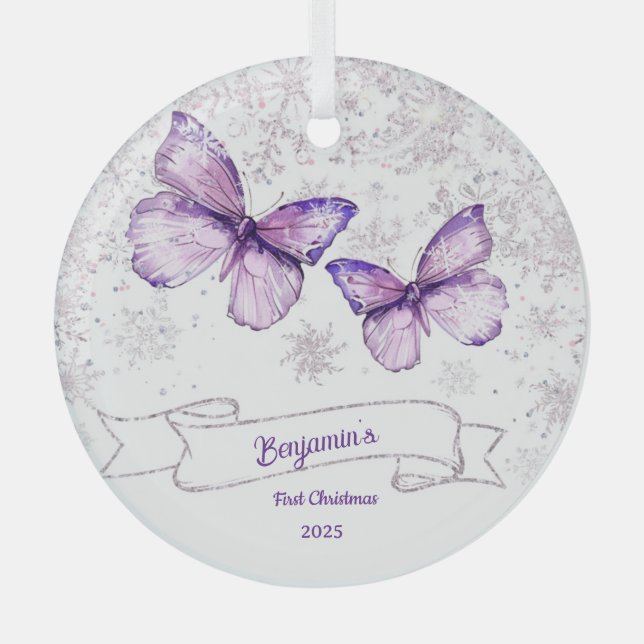 Winter  Girl Butterfly Baby First birthday  Glass Tree Decoration (Front)