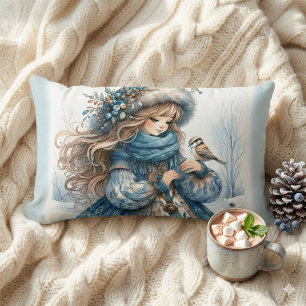 Winter Girl with Bird in Blue Floral Coat Lumbar Cushion