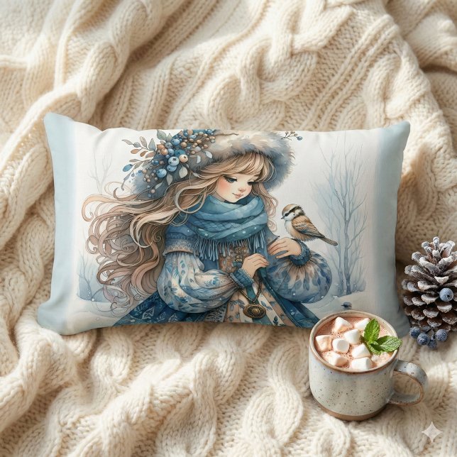 Winter Girl with Bird in Blue Floral Coat Lumbar Cushion (Winter Girl with Bird in Blue Floral Coat Lumbar Pillow Mockup A)