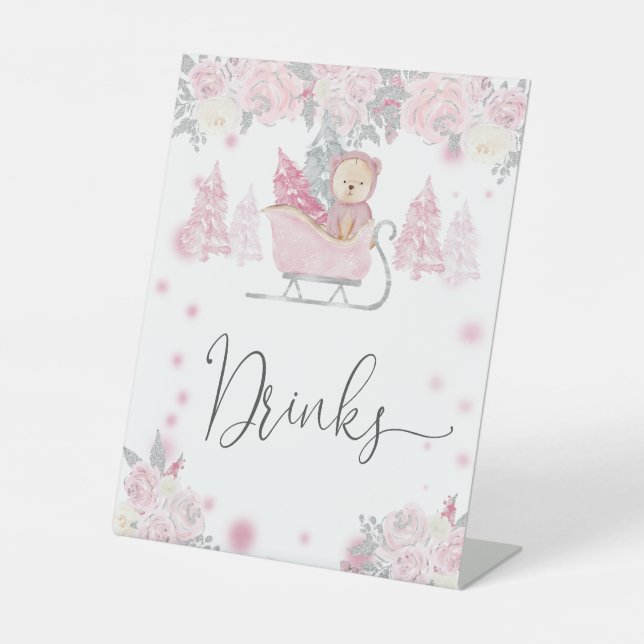 Winter Girl Woodland Bear Floral Drinks Pedestal Sign (Front)